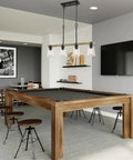 Asher 34-Inch 4-Light Farmhouse Kitchen Island Light With Funnel Glass Shades, Smoked Birch Finish And Black Accents mounted above modern dining table