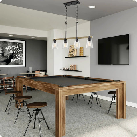 Asher 34-Inch 4-Light Farmhouse Kitchen Island Light With Funnel Glass Shades, Smoked Birch Finish And Black Accents mounted above modern dining table