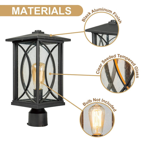 Outdoor Post Light Black Finish Waterproof Pole Lantern Lighting Fixture With Tempered Clear Seeded Glass material details