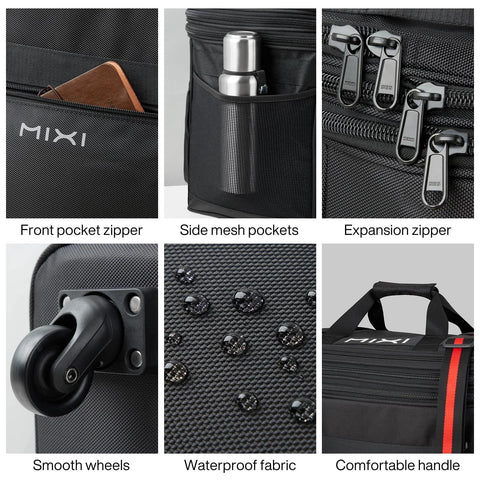 Mixi travel bag with wheels, black; front pocket zipper, side mesh pockets, expandable zipper, waterproof fabric