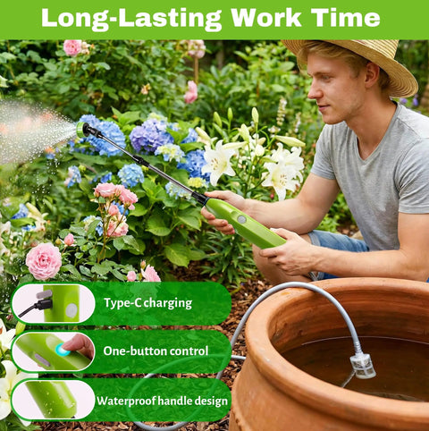 Man using Electric Sprayer Wand With 29 Inch Reach, 3 Adjustable Nozzles, Telescoping Garden Sprayer Tool in garden with flowers