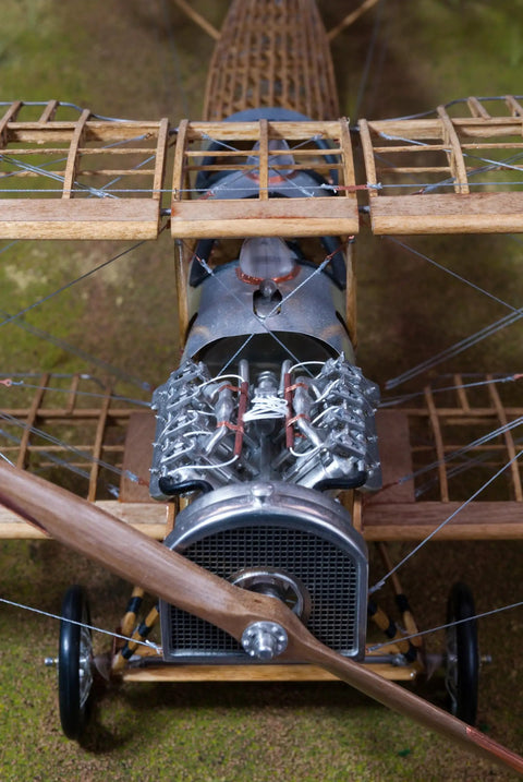 Close-up of Curtiss JN-4D Jenny 1:16 Scale Model Kit With Laser Cut Basswood And Metal Parts engine and propeller detail.