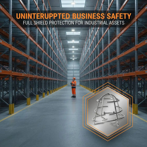 Industrial warehouse showing Six Pack Beater Proof Fire Sprinkler Head Guard Cage Heavy Duty Iron Recessed Protective Cover For Half Inch Pipe.