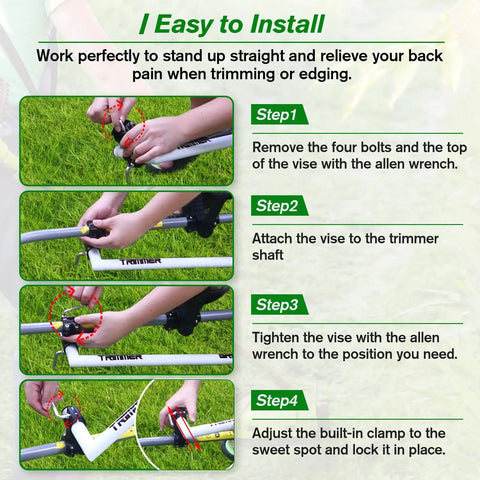 Step-by-step installation of upgraded weedeater handle with ergonomic trimmer grip for pain-free edging and trimming.