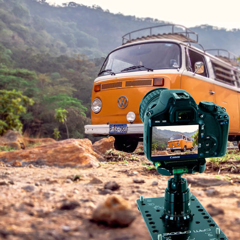 Hassle Free Setup Backpack Ready Low Profile Cheese Plate Mount For Seamless Camera Rigging Compact Flat Tripod Adapter For Dslr Mirrorless Action Cam Creators On The Go capturing vintage VW bus in shot.