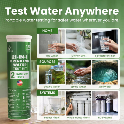 Portable Drinking Water Test Kit With 120 Strips for Tap and Well Water Testing, including Two Bacteria Checks.