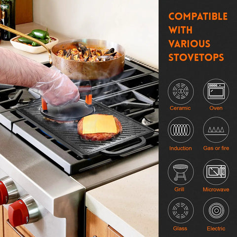 Reversible Cast Iron Grill Griddle With Double Sided Grill Pan For Gas Grills And Stove Tops 13 Inch By 8 Inch in use on gas stove