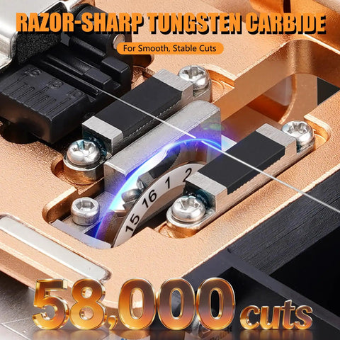 Close-up of the Workhorse S09 High Precision Optical Fiber Cleaver tungsten steel blade, 58,000 cuts labeling visible.