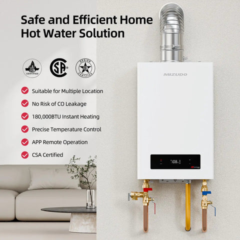 Heavy Duty 180000 BTU Indoor Natural Gas Tankless Water Heater Dishes Out 7.9 GPM Of Instant Hot Water With Sealed Combustion Tech, wall-mounted unit with display