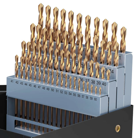 Cobalt Drill Bit Set 60 Piece Pro Grade Number Size From One To Sixty With Indexed Storage Case displayed in case