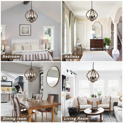 Dope Farmhouse Chandelier 4-Light Pendant Light For Dining Room Table Rustic White Distressed Wood Orb shown in multiple rooms