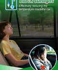 Woman sitting in an SUV with Stretchy Mesh Window Shades for SUVs 4 Pack Sun Screen Covers, blocking sunlight.
