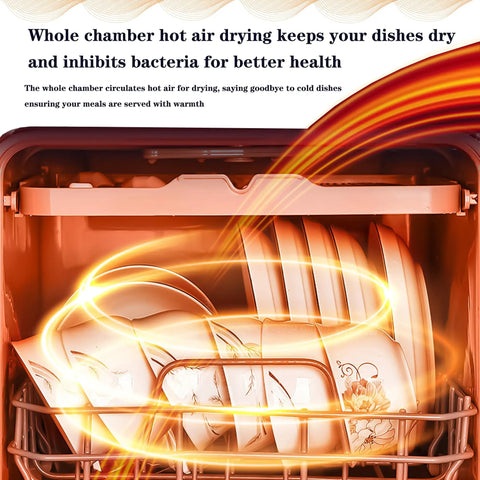 Whole chamber drying in Compact Portable Countertop Dishwasher With Built In Five Liter Water Tank And Simple Snap Faucet Adapter.