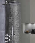 Euphoria Cube Rain Shower Head 2.5 GPM With Starlight Chrome Finish, square design, mounted on gray tile wall in modern bathroom.