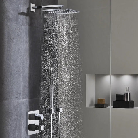 Euphoria Cube Rain Shower Head 2.5 GPM With Starlight Chrome Finish, square design, mounted on gray tile wall in modern bathroom.