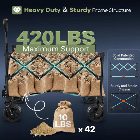 Beast 150L Collapsible Wagon Cart With 420Lb Heavy Duty Frame, All Terrain Wheels displaying maximum support with bags.