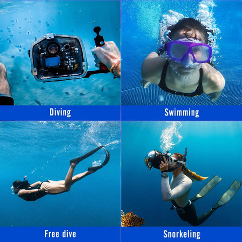 Diver using underwater camera tray bracket with waterproof housing and handheld grip for GoPro cameras in deep sea snorkeling.