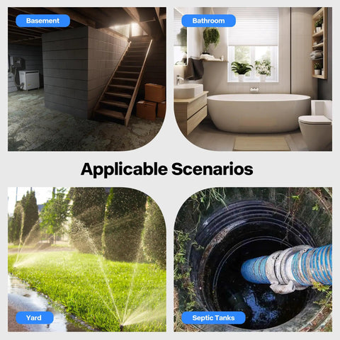 Basement, bathroom, yard, and septic tank scenarios for 1 HP Submersible Cast Iron Sewage And Effluent Pump With 5220 GPH Flow.