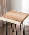 Solid Natural Wood Square Coffee Side Table With Black Hairpin Legs For Living Room Or Bedroom Handcrafted Rustic End Table close up of wood top