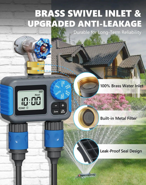 Two Zone Sprinkler Timer With Brass Swivel No Fuss Dual Outlet Rain Delay Manual Mode Easy Setup Auto Watering System shown