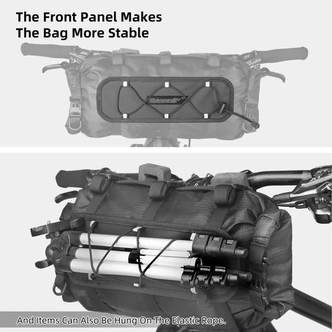 All Weather Bicycle Handlebar Bag With Dual Sided Opening And Folded Closure, Waterproof Inner Pocket, attached to bike.