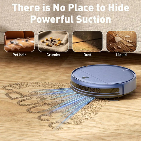 Robot Vacuum And Mop Combo With Schedule App Remote Voice Control 2300Pa Strong Suction Slim Self Charging Dock 2 In 1 Floor Cleaner For Pet Hair On Carpets And Hard Floors demonstrating powerful suction on wood floor