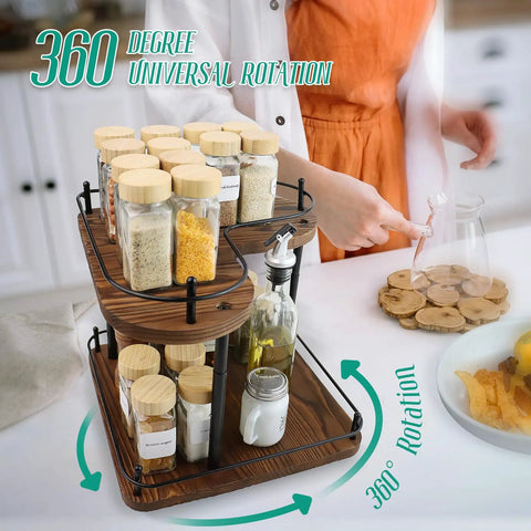 Two Tier Wooden Spice Rack Organizer With 360 Degree Rotating Lazy Susan, 11.8 Inch Large Capacity Countertop Shelf