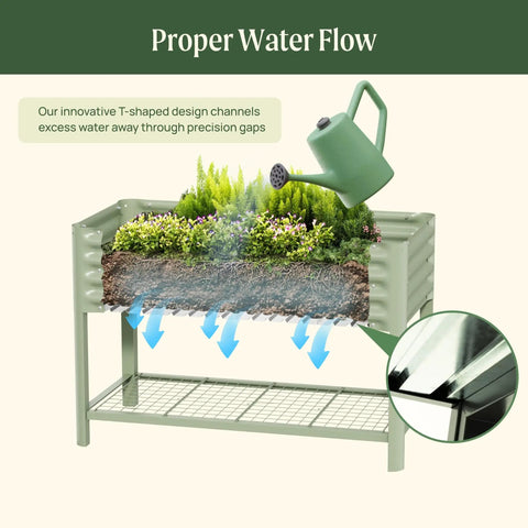 Raised Garden Bed V Series 2 Ft By 4 Ft With Legs And Storage Rack For Patio Porch 700 Lbs Weight Capacity Outdoor Planter Boxes For Gardening Herbs Vegetables And Flowers Olive Green with proper water flow display.
