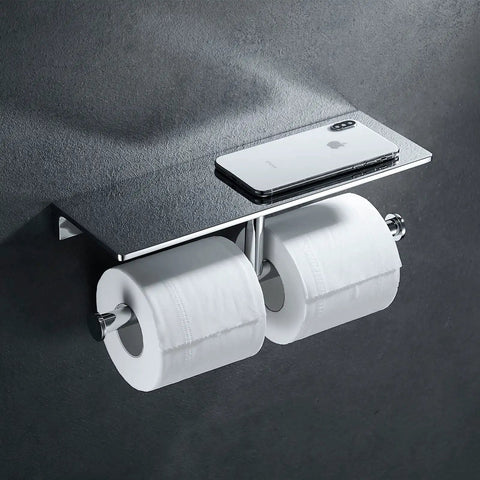 Heavy Duty Double Toilet Paper Holder With Phone Shelf Polished Chrome Dual Roll Tissue Dispenser Solid Brass Wall Mount