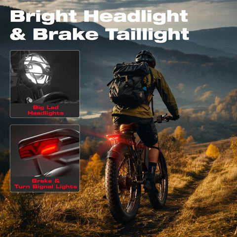 Rider on Powerful Dual Motor 4000W Fat Tire Electric Bike With 52V 25Ah Battery showcasing bright headlights on a trail