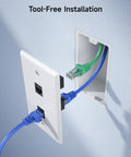 Tool-free installation of 5 Pack Cat6 Keystone RJ45 Couplers for patch panels and wall plates, showing blue Ethernet cable connection.