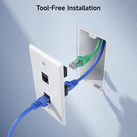 Tool-free installation of 5 Pack Cat6 Keystone RJ45 Couplers for patch panels and wall plates, showing blue Ethernet cable connection.