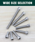 Rock Solid Heavy Duty 1/4 20 X 1.25 Inch Socket Head Cap Screw Bolt In 304 Stainless Steel 18-8 With Allen Hex Key Drive Full Thread 25 Piece Kit assorted sizes displayed.