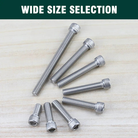 Rock Solid Heavy Duty 1/4 20 X 1.25 Inch Socket Head Cap Screw Bolt In 304 Stainless Steel 18-8 With Allen Hex Key Drive Full Thread 25 Piece Kit assorted sizes displayed.