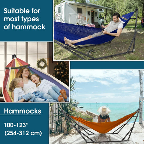 Collage of different people relaxing on hammocks with stands in various outdoor settings; emphasizes versatility.