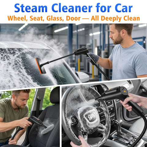 Handheld Steam Cleaner For Home And Car, 2500W High Pressure Hot Steamer cleaning car windshield and seat with steam.
