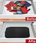 Before and after: drawer with loose items and organized with Small Fireproof Storage Organizer Case With Lock 9 By 5.3 By 3.7 Inch