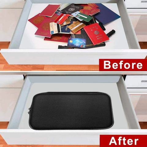 Before and after: drawer with loose items and organized with Small Fireproof Storage Organizer Case With Lock 9 By 5.3 By 3.7 Inch