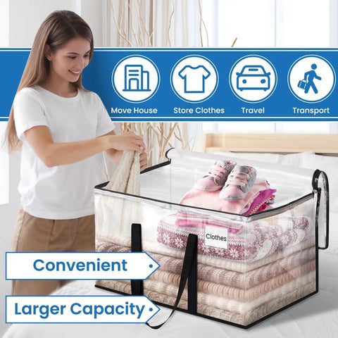 Woman packing clothes in Heavy Duty Clear Moving Bags With Reinforced Handles And Double Zippers, Clear storage tote on bed.