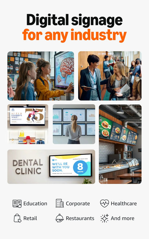 Collage showing 4K Digital Signage Stick in various industries for businesses with no tech skills needed, easy content management.