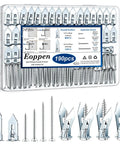 Self Drilling Drywall Anchors And Screws Kit with Six Size Options in Silver displayed with storage box and fasteners