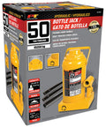 Product packaging showing Rugged 50 Ton Hydraulic Bottle Jack With Low Profile Design For Tight Spaces, 11 3/4 To 18 7/8 Inch Lift Range.