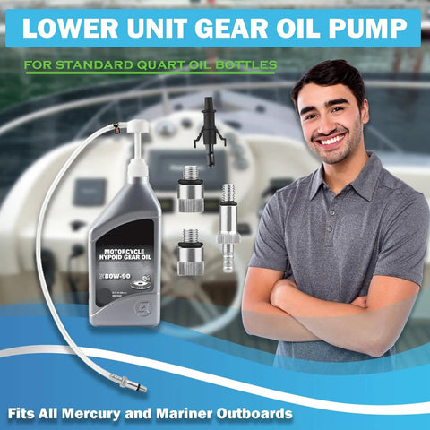 Lower Unit Gear Oil Pump For Marine Outboard Motors with quart bottle, 8mm and 10mm adapters, 3/8 inch swivel, 8cc per stroke.