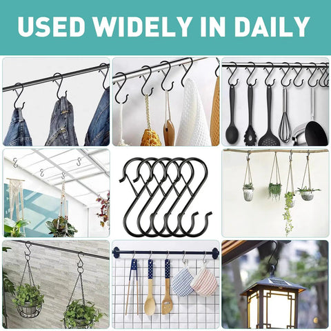 Tough As Nails Heavy Duty S Hooks With Secure Locking Clips 12 Pack used to hang plants, utensils, and clothing in various settings.