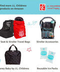 Various J.L. Childress travel products including a car seat bag, stroller accessories, and reusable ice packs.