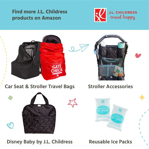 Various J.L. Childress travel products including a car seat bag, stroller accessories, and reusable ice packs.
