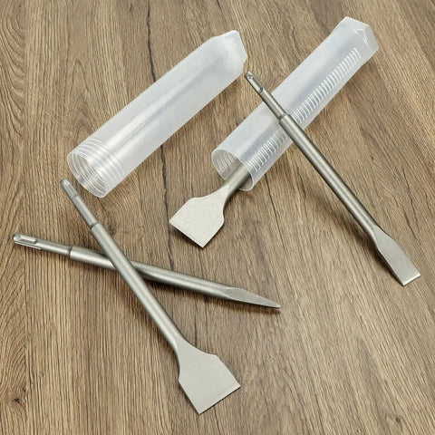 Four-piece masonry chisel set for rotary hammer drills, includes point, flat, wide scaling chisels with 40CrMo alloy steel.