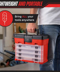 Man holding Portable Tool Storage Box with Four Removable Trays and Lids, Compact Small Parts Organizer for travel and workbench