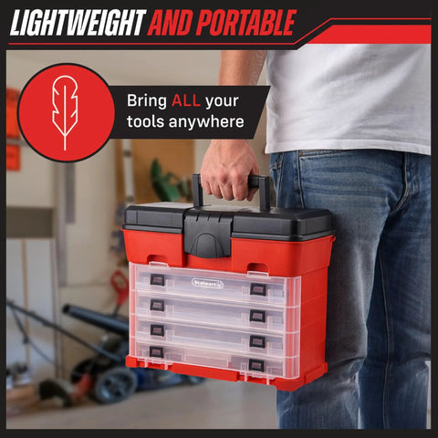 Man holding Portable Tool Storage Box with Four Removable Trays and Lids, Compact Small Parts Organizer for travel and workbench