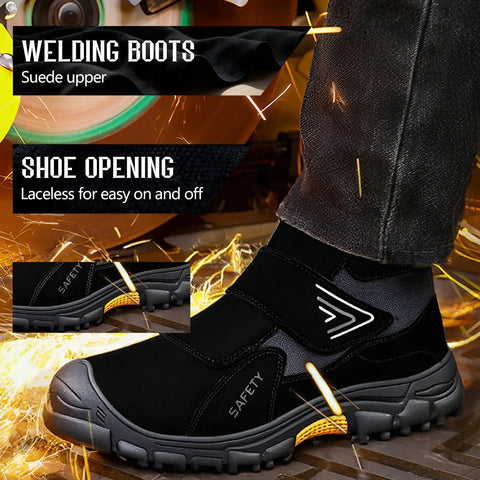 Men's Slip On Steel Toe Welding Work Boots With Hook And Loop Closure Rugged High Top Safety Boots For Welders, black